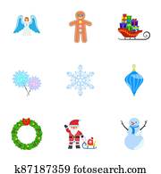 Winter Christmas icon set, flat style Winter Christmas icon set, flat style