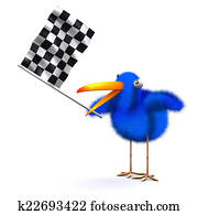 3d Blue bird waves the checkered flag 3d Blue bird waves the checkered flag
