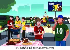 American football fans having a tailgate party