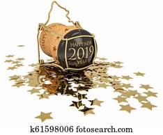 happy 2019 chmpagne stopper, 3d illustration happy 2019 chmpagne stopper, 3d illustration