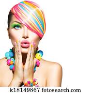 יופי, אישה, עם, צבעוני, makeup,, hair,, ציפורניים, ו, אביזרים
