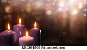 Advent Candles In Church - Three Purple And One Pink As A Catholic Symbol And Bokeh Lights Advent Candles In Church - Three Purple And One Pink As A Catholic Symbol And Bokeh Lights