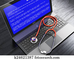 laptop, com, azul, erro, tela, e, estetoscópio