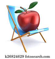 Red apple sitting in beach chair healthy relaxing Red apple sitting in beach chair healthy relaxing
