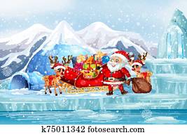 Scene with Santa and reindeers Scene with Santa and reindeers