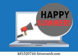 Writing note showing Happy Summer. Business photo showcasing Beaches Sunshine Relaxation Warm Sunny Season Solstice Man holding megaphone loudspeaker speech bubble message speaking loud. Writing note showing Happy Summer. Business photo showcasing Beaches Sunshine Relaxation Warm Sunny Season Solstice Man holding megaphone loudspeaker speech bubble message speaking loud.