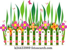 zaun, mit, frühjahrsblumen zaun, mit, frühjahrsblumen