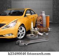 Auto parts with beautiful car in garage. Auto parts with beautiful car in garage.