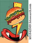 frau essen, Burger., platzen kunst, style., weiblich, mundbereich frau essen, Burger., platzen kunst, style., weiblich, mundbereich