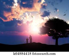 3d, צללית, של, a, אבא וילד, ללכת, נגד, a, אוקינוס של שקיעה, נוף