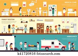 medisinsk bekymring, familiedoktor, ambulanse, leilighet, sykehus, indre, utendørs, begrep, vev, vektor, illustration., sugrery, pasienter, først hjelp, medisin, tjeneste