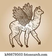 Llama with wings. Engraving sketch scratch board imitation. Sepia hand drawn image. Llama with wings. Engraving sketch scratch board imitation. Sepia hand drawn image.