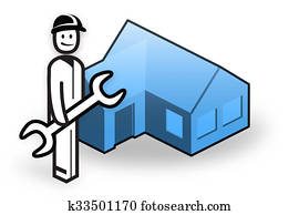 Plumber with tool in front of little house Plumber with tool in front of little house
