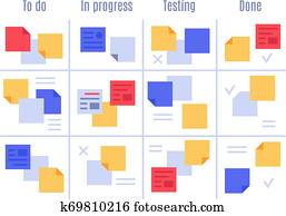 Scrum visual management board. Kanban office tasks, project process sticky note and planning notes vector illustration Scrum visual management board. Kanban office tasks, project process sticky note and planning notes vector illustration