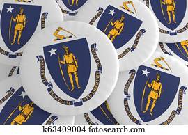 US State Buttons: Pile of Massachusetts Flag Badges 3d illustration US State Buttons: Pile of Massachusetts Flag Badges 3d illustration