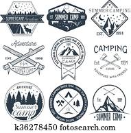 vektor, satz, von, camping, etiketten, in, altmodisch, style., sommerlager, au?enabenteuer, begriff, illustration. vektor, satz, von, camping, etiketten, in, altmodisch, style., sommerlager, au?enabenteuer, begriff, illustration.