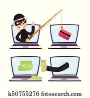 האקר, עם, לדוג, rod,, מחשב, phishing, תקוף