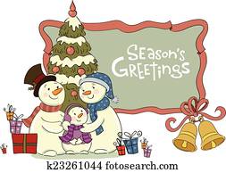 משפחה, של, ה, איש שלג, ליד, ל, a, חג המולד, fur-tree