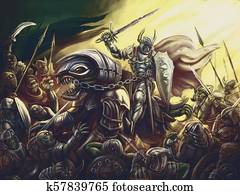 A knight on a dragon against an army of demons A knight on a dragon against an army of demons