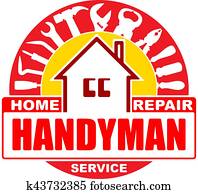 Handyman home repair services. Round vector design for your logo or emblem with home and set of workers tools. There are wrench, screwdriver, hammer, pliers, scrap. Red and yellow gamma. Handyman home repair services. Round vector design for your logo or emblem with home and set of workers tools. There are wrench, screwdriver, hammer, pliers, scrap. Red and yellow gamma.