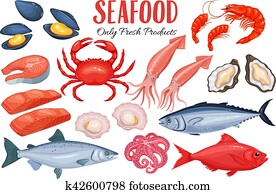 Seafood in cartoon style. Seafood in cartoon style.