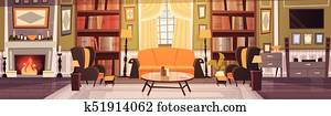Cozy Living Room Interior Design With Furniture, Sofa, Table Armchairs, Fireplace Bookcase, Horizontal Banner Cozy Living Room Interior Design With Furniture, Sofa, Table Armchairs, Fireplace Bookcase, Horizontal Banner
