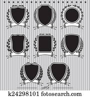 shields, laurel wreaths and ribbons