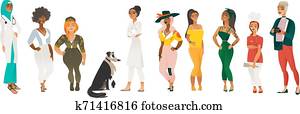 verschieden, gesellschaft, von, schöne frauen, -, karikatur, charaktere, mit, verschieden, ausstattungen, körper, größen, und, ethnicities