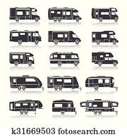 veículo recreacional, pretas, ícones