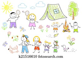 familia feliz, en, campamento