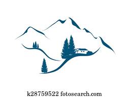 paisagem montanha, com, cabana, um, abetos