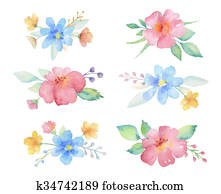 Watercolor colored bouquets of flowers. Watercolor colored bouquets of flowers.