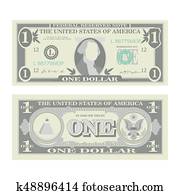 1 Dollar Banknote Vector. Cartoon US Currency. Two Sides Of One American Money Bill Isolated Illustration. Cash Symbol 1 Dollar