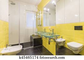 Modernes, badezimmer, mit, fliese boden, rustikal, kabinette, und