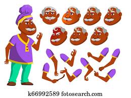 indianas, homem velho, ., sênior, person., envelhecido, hindu., asian., ativo, expression., rosto, emoções, vário, gestures., animação, criação, set., isolado, apartamento, caricatura, personagem, ilustração