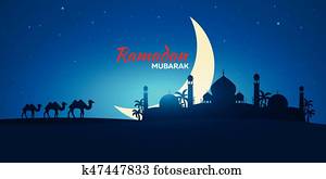 ramadan, kareem., ramadan, mubarak., דש, card., ערבי, לילה, עם, ירח של חצי הסהר, ו, camel.