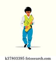 Illustration, lineart, sax, saxophone, player, saxophonist, music