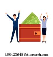 business couple with wallet and bills