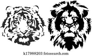 lion and tiger heads in black lion and tiger heads in black