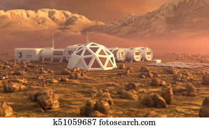 Mars planet satellite station orbit base martian colony space landscape. Elements of this image furnished by NASA.