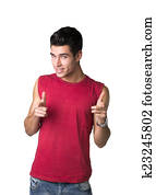 Cool Young Man Pointing Camera with Two Hands