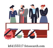 Funeral service people standing above deceased dead person Funeral service people standing above deceased dead person