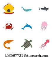 Water wildlife icons set, flat style Water wildlife icons set, flat style