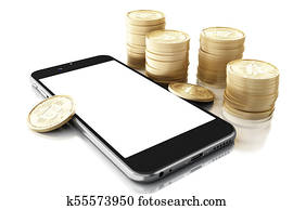 3d, smartphone, con, bitcoin, efectivo.