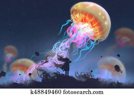 girl looking at giant jellyfish floating in the sky girl looking at giant jellyfish floating in the sky
