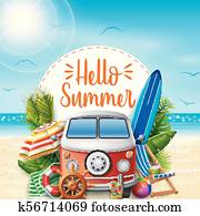 olá, summer., verão, vacations., furgão campista, ligado, a, praia.