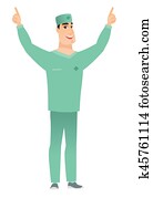 Doctor standing with raised arms up.