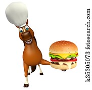 Horse cartoon character with chef hat and burger Horse cartoon character with chef hat and burger