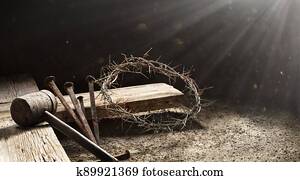 Passion Of Jesus - Wooden Cross With Crown Of Thorns Hammer And Bloody Spikes
