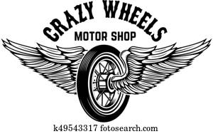 Crazy wheels. Motorcycle wheel with wings isolated on white back Crazy wheels. Motorcycle wheel with wings isolated on white back